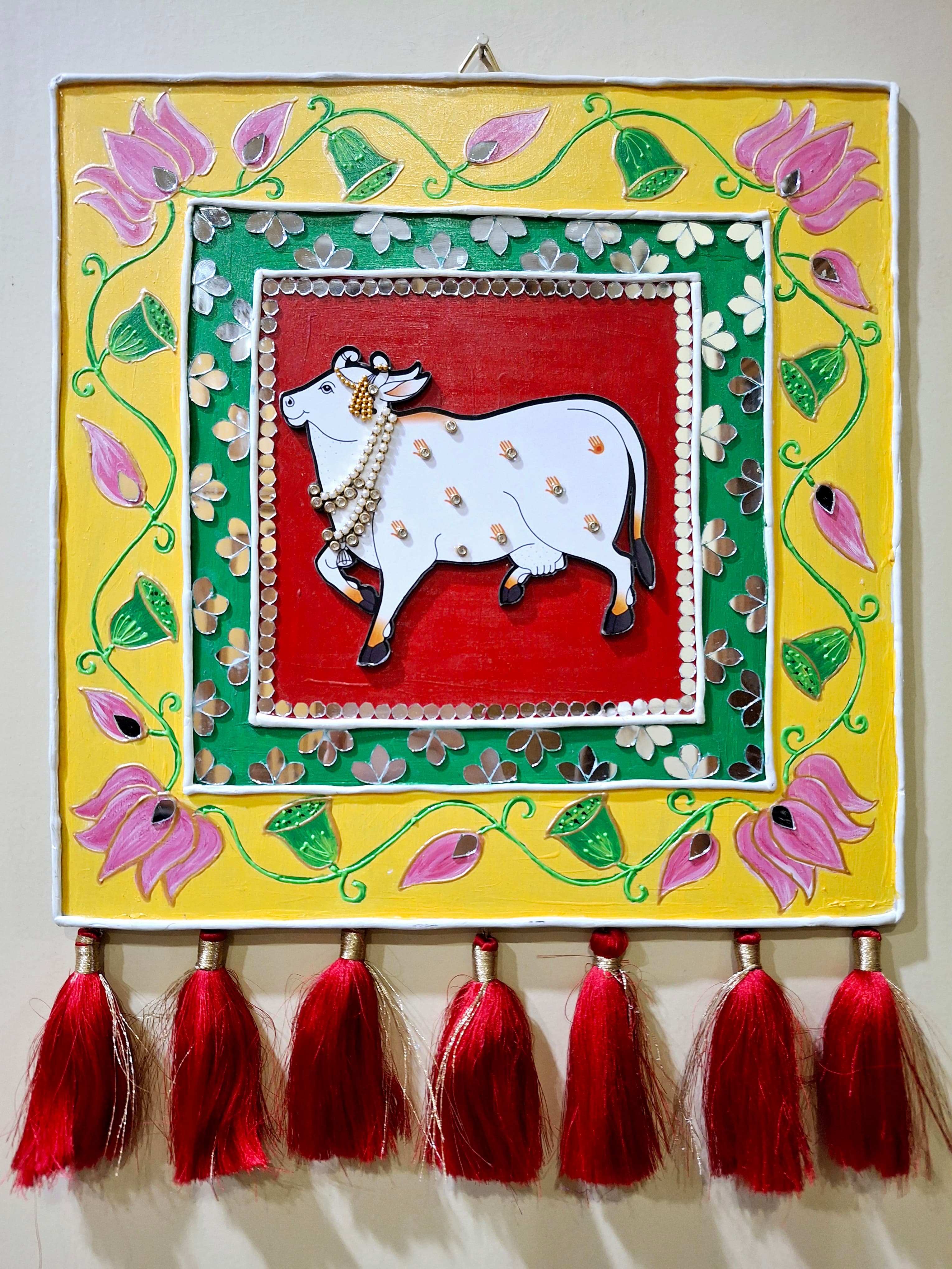 Handpainted lippan art pichwai cow wall hanging